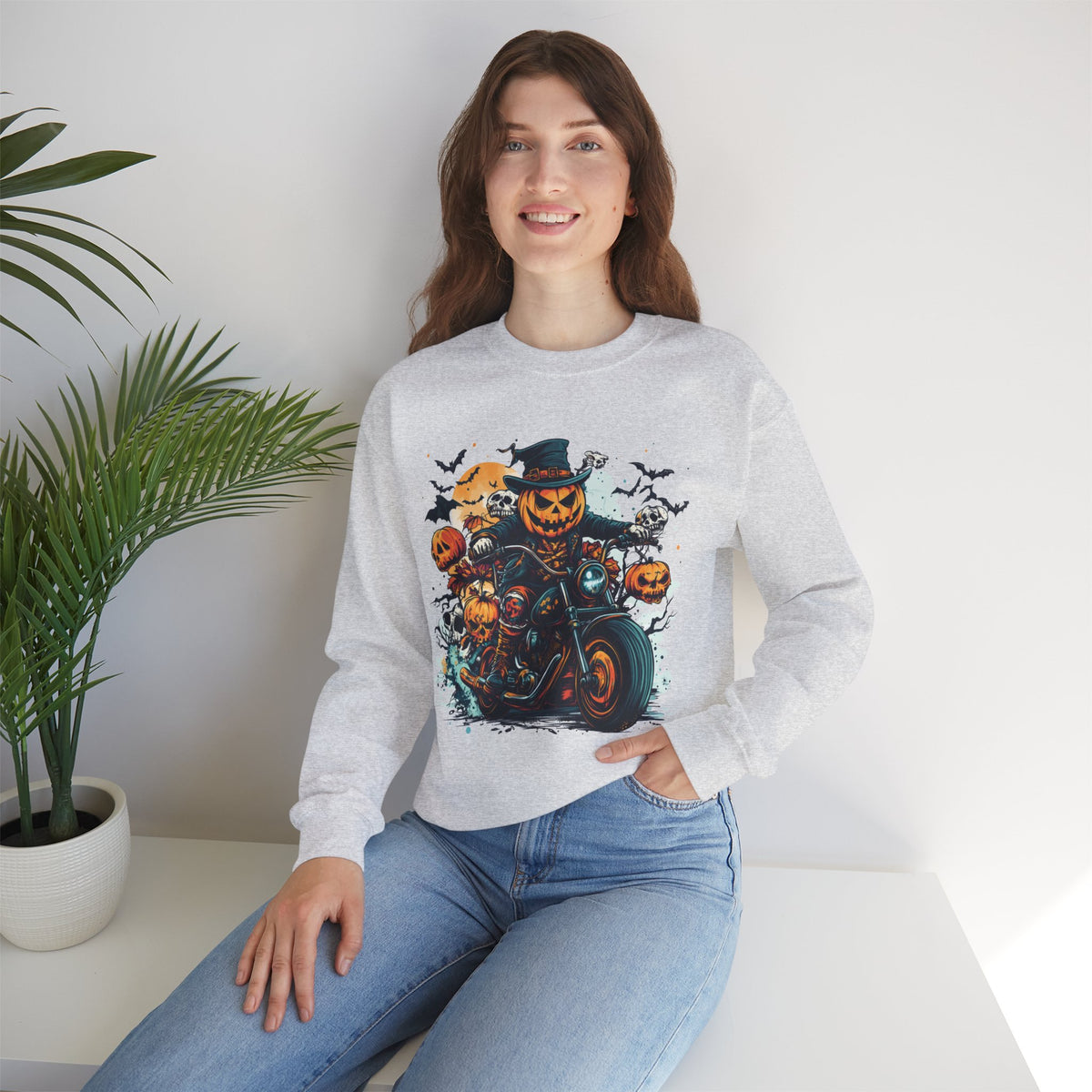 Halloween Motorcycle Sweatshirt – Spooky Pumpkin Crewneck Sweatshirt - Cozy Fall Biker Sweater Gift - Halloween Costume
