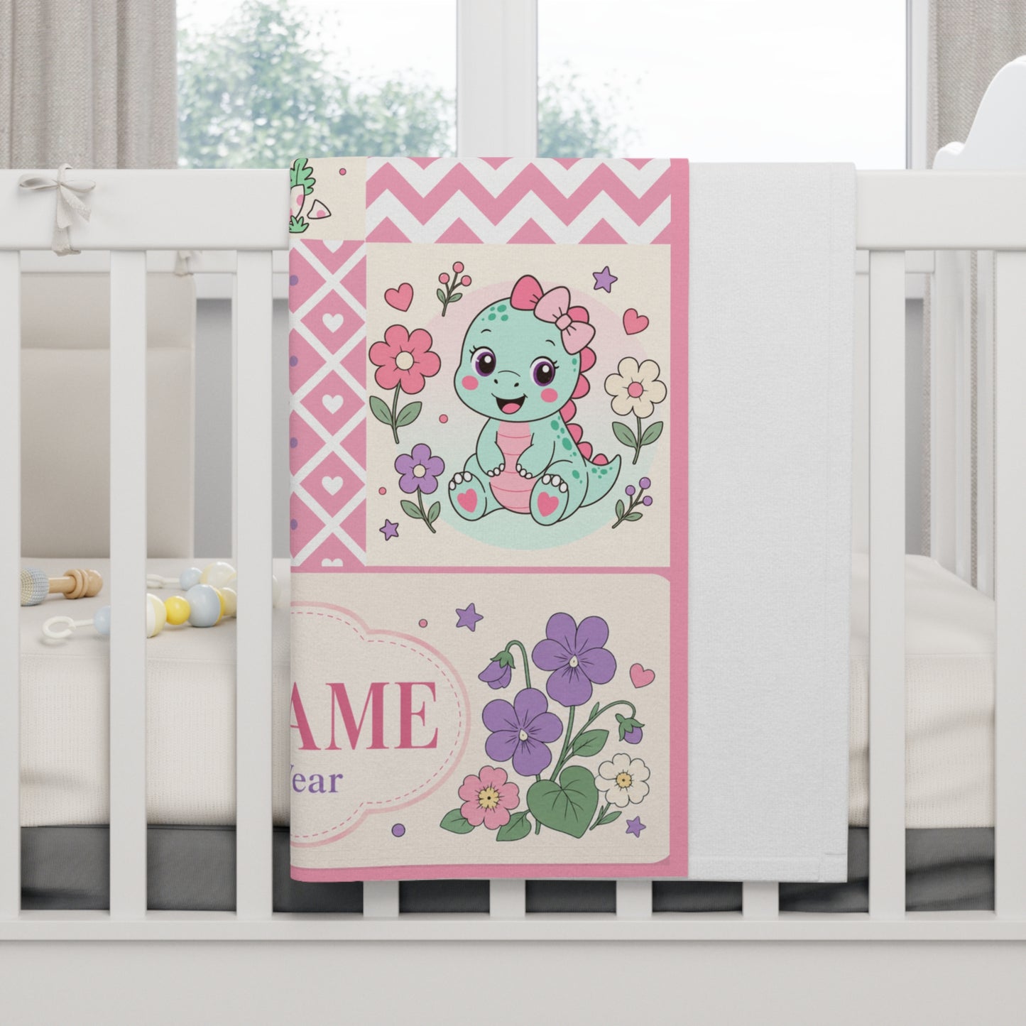 Personalized Dinosaur Baby Blanket Name Date Birth Flower