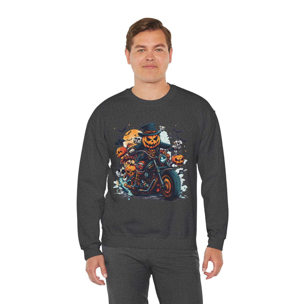 Halloween Motorcycle Sweatshirt – Spooky Pumpkin Crewneck Sweatshirt - Cozy Fall Biker Sweater Gift - Halloween Costume