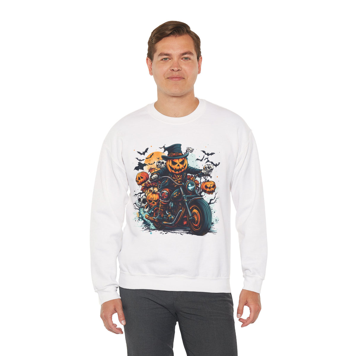 Halloween Motorcycle Sweatshirt – Spooky Pumpkin Crewneck Sweatshirt - Cozy Fall Biker Sweater Gift - Halloween Costume