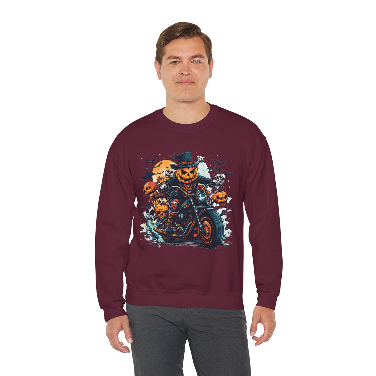 Halloween Motorcycle Sweatshirt – Spooky Pumpkin Crewneck Sweatshirt - Cozy Fall Biker Sweater Gift - Halloween Costume