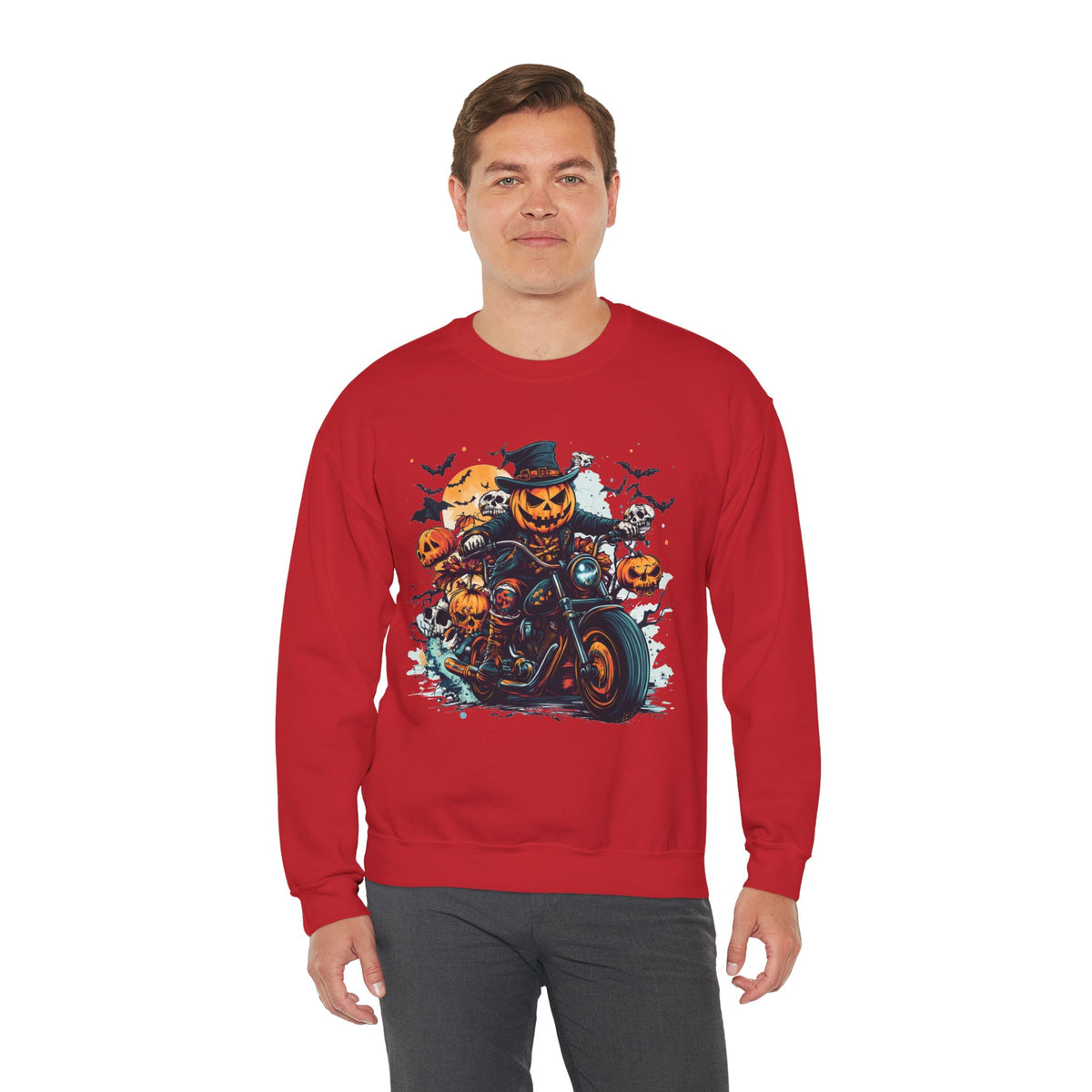 Halloween Motorcycle Sweatshirt – Spooky Pumpkin Crewneck Sweatshirt - Cozy Fall Biker Sweater Gift - Halloween Costume