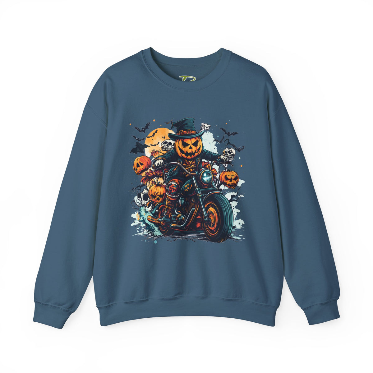 Halloween Motorcycle Sweatshirt – Spooky Pumpkin Crewneck Sweatshirt - Cozy Fall Biker Sweater Gift - Halloween Costume