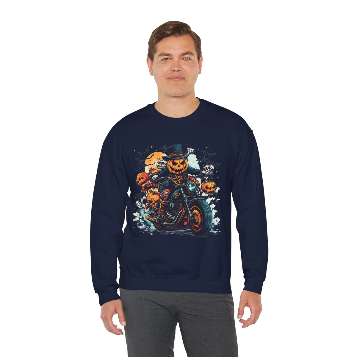 Halloween Motorcycle Sweatshirt – Spooky Pumpkin Crewneck Sweatshirt - Cozy Fall Biker Sweater Gift - Halloween Costume