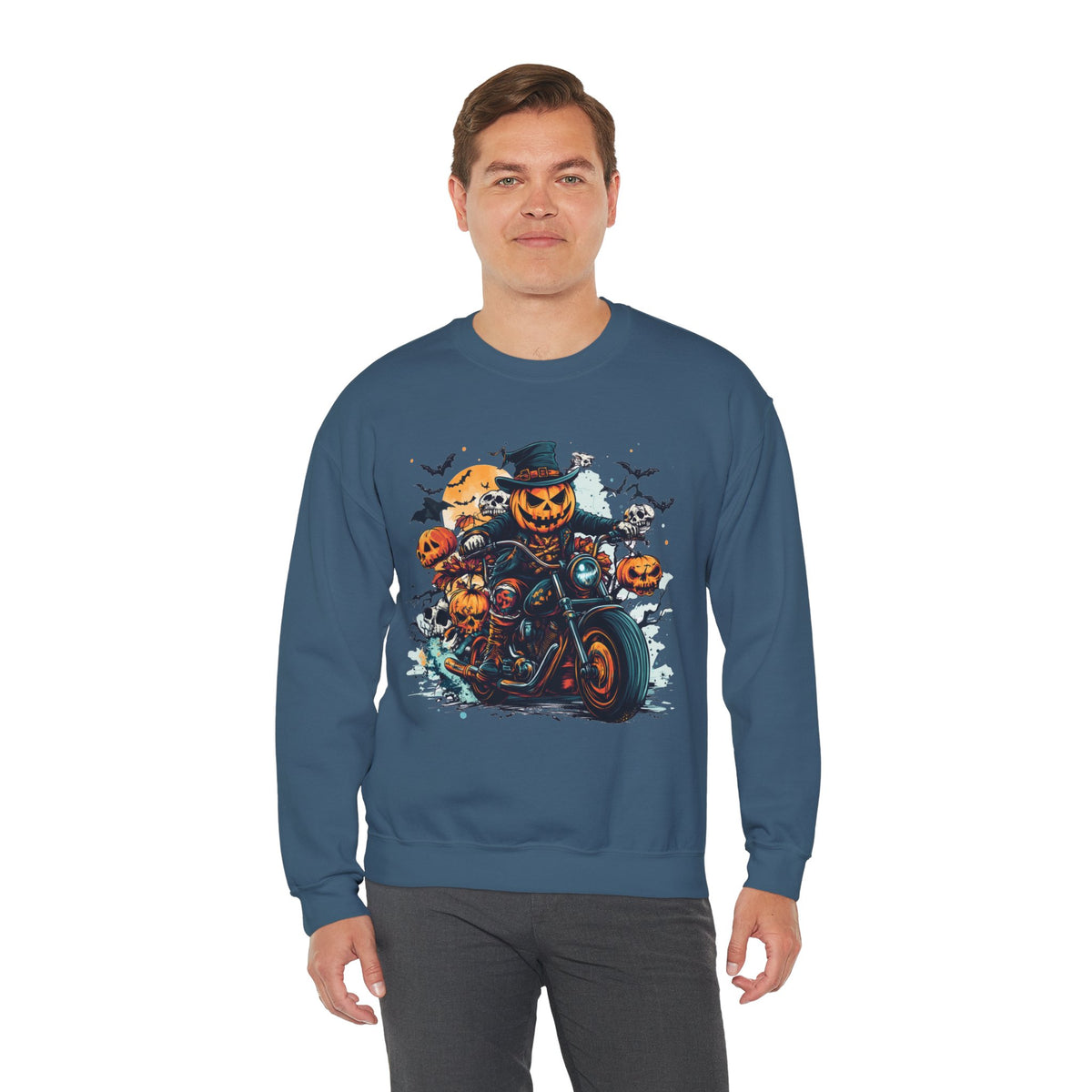 Halloween Motorcycle Sweatshirt – Spooky Pumpkin Crewneck Sweatshirt - Cozy Fall Biker Sweater Gift - Halloween Costume