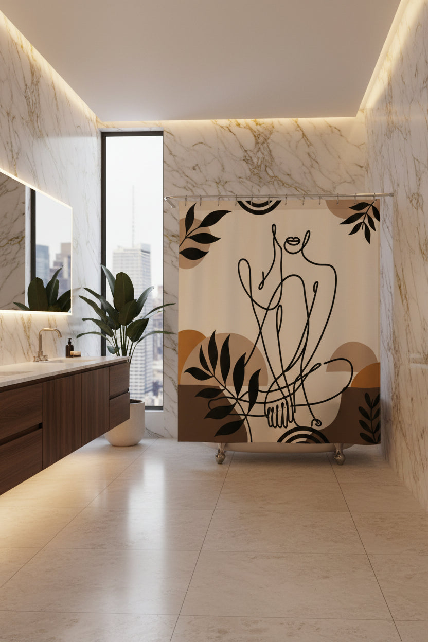 A shower curtain featuring a minimalist black line art illustration of a seated figure, surrounded by abstract organic shapes and leafy motifs in beige, brown, and mustard tones. The curtain is shown hanging from silver rings on a white rod, with a white bathtub partially visible underneath.