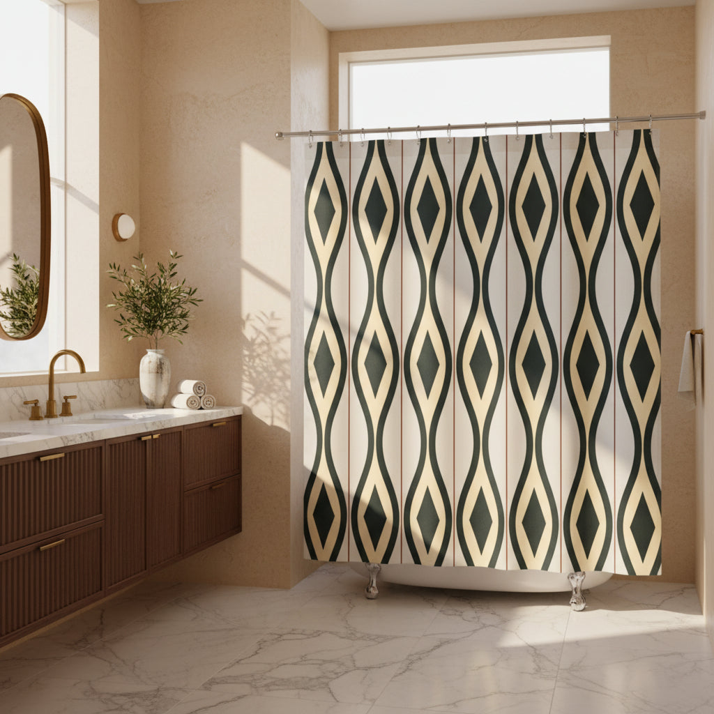 A shower curtain featuring a repeating vertical geometric pattern of dark green and beige diamonds on a light cream background, shown hanging from silver hooks against a white studio background.