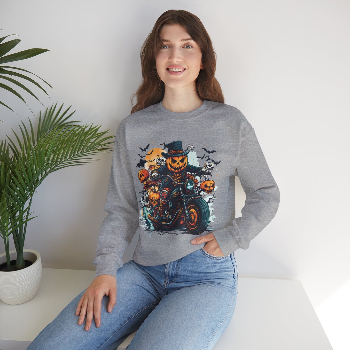 Halloween Motorcycle Sweatshirt – Spooky Pumpkin Crewneck Sweatshirt - Cozy Fall Biker Sweater Gift - Halloween Costume