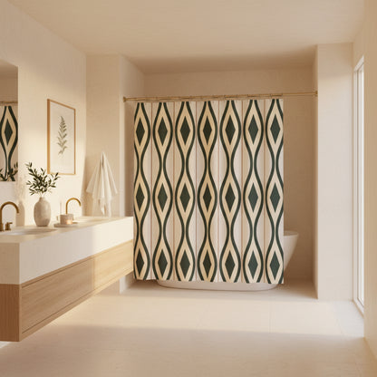 A modern shower curtain with a geometric diamond and wavy stripe pattern in dark green, cream, and thin rust-red lines, hanging in a bright white bathroom.