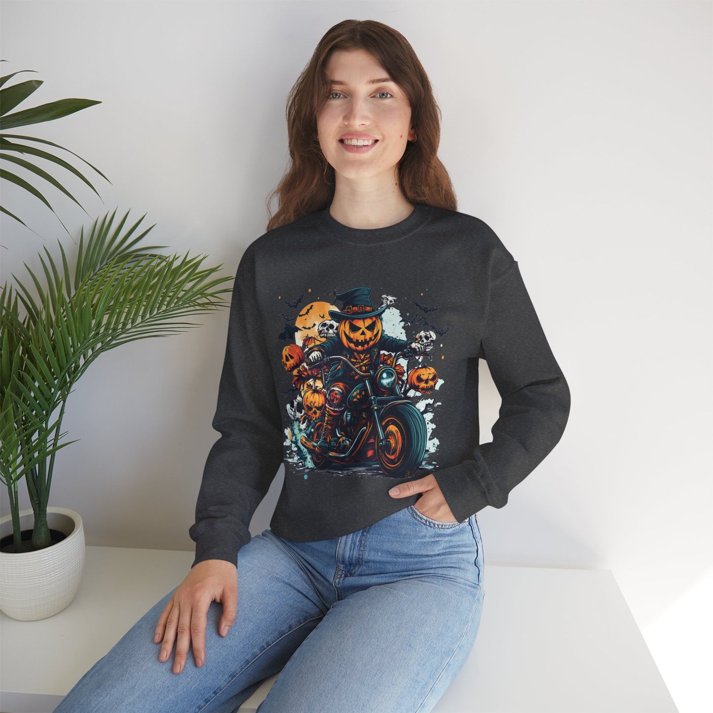 Halloween Motorcycle Sweatshirt – Spooky Pumpkin Crewneck Sweatshirt - Cozy Fall Biker Sweater Gift - Halloween Costume
