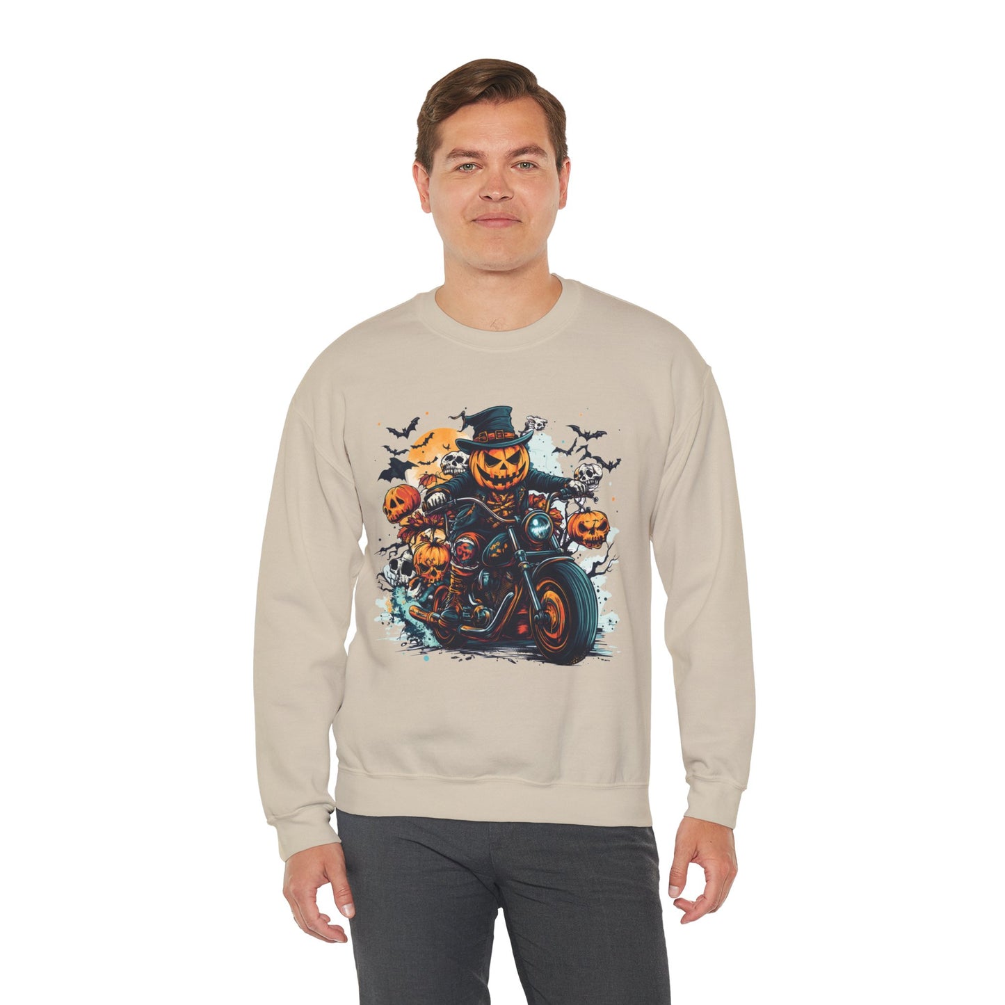 Halloween Motorcycle Sweatshirt – Spooky Pumpkin Crewneck Sweatshirt - Cozy Fall Biker Sweater Gift - Halloween Costume
