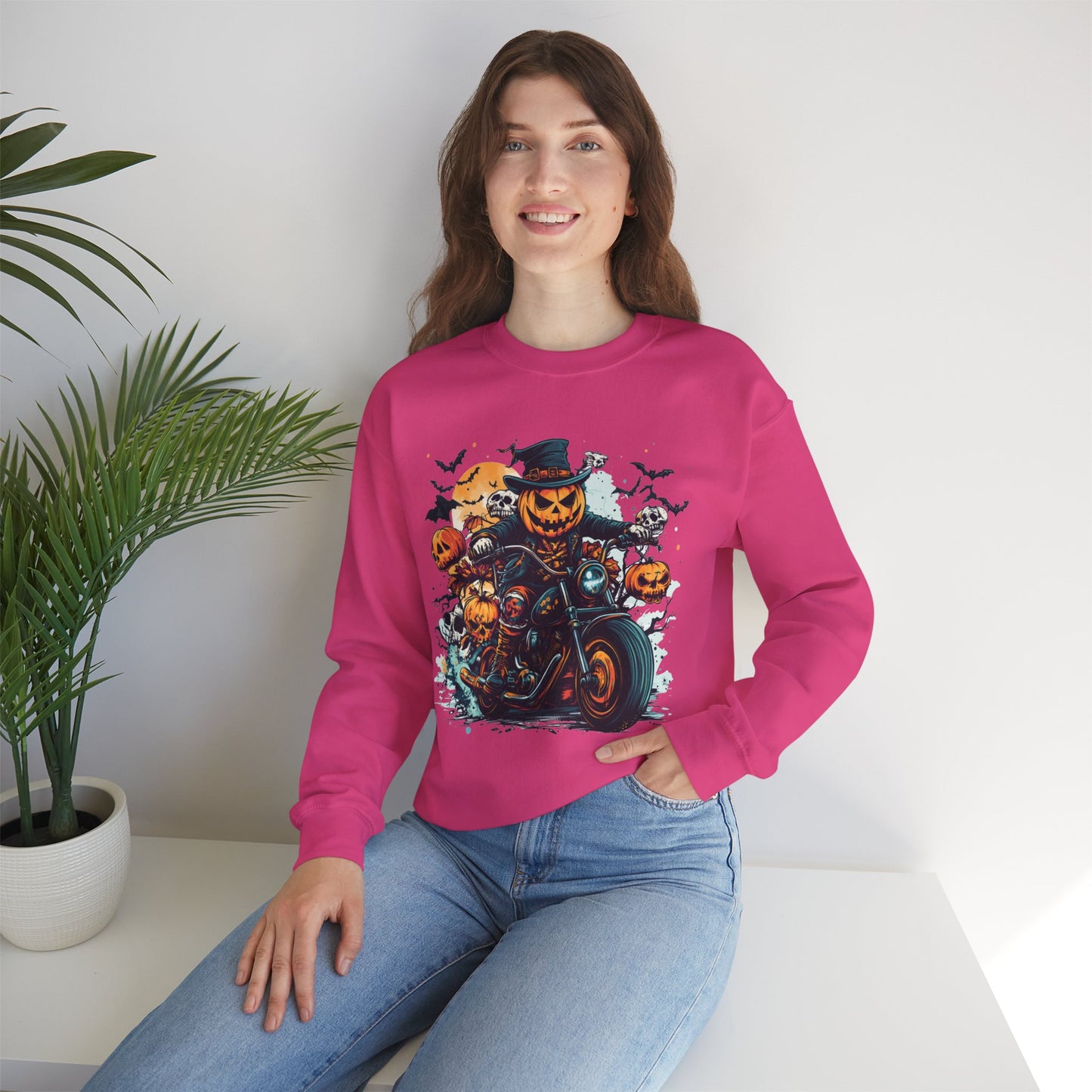 Halloween Motorcycle Sweatshirt – Spooky Pumpkin Crewneck Sweatshirt - Cozy Fall Biker Sweater Gift - Halloween Costume