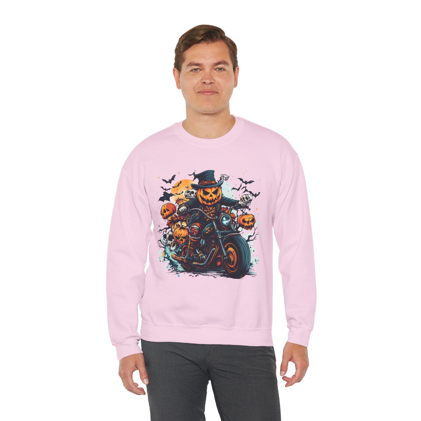 Halloween Motorcycle Sweatshirt – Spooky Pumpkin Crewneck Sweatshirt - Cozy Fall Biker Sweater Gift - Halloween Costume