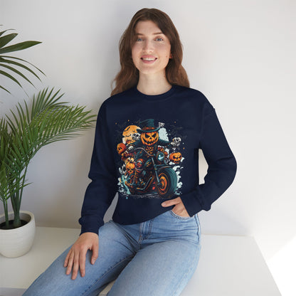 Halloween Motorcycle Sweatshirt – Spooky Pumpkin Crewneck Sweatshirt - Cozy Fall Biker Sweater Gift - Halloween Costume