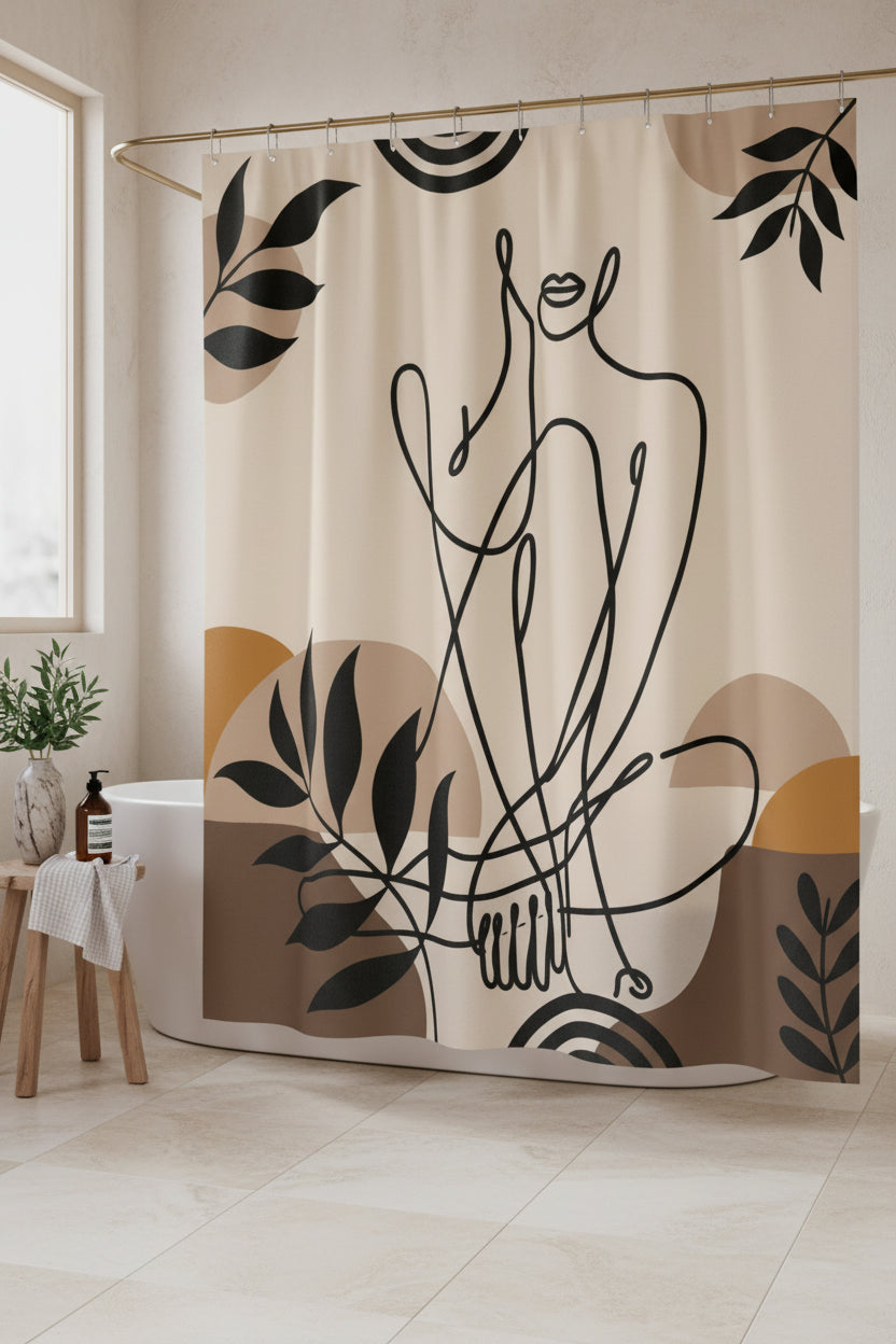 A shower curtain featuring a minimalist black line art illustration of a seated figure, surrounded by abstract organic shapes and leafy motifs in beige, brown, and mustard tones. The curtain is shown hanging from silver rings on a white rod, with a white bathtub partially visible underneath.