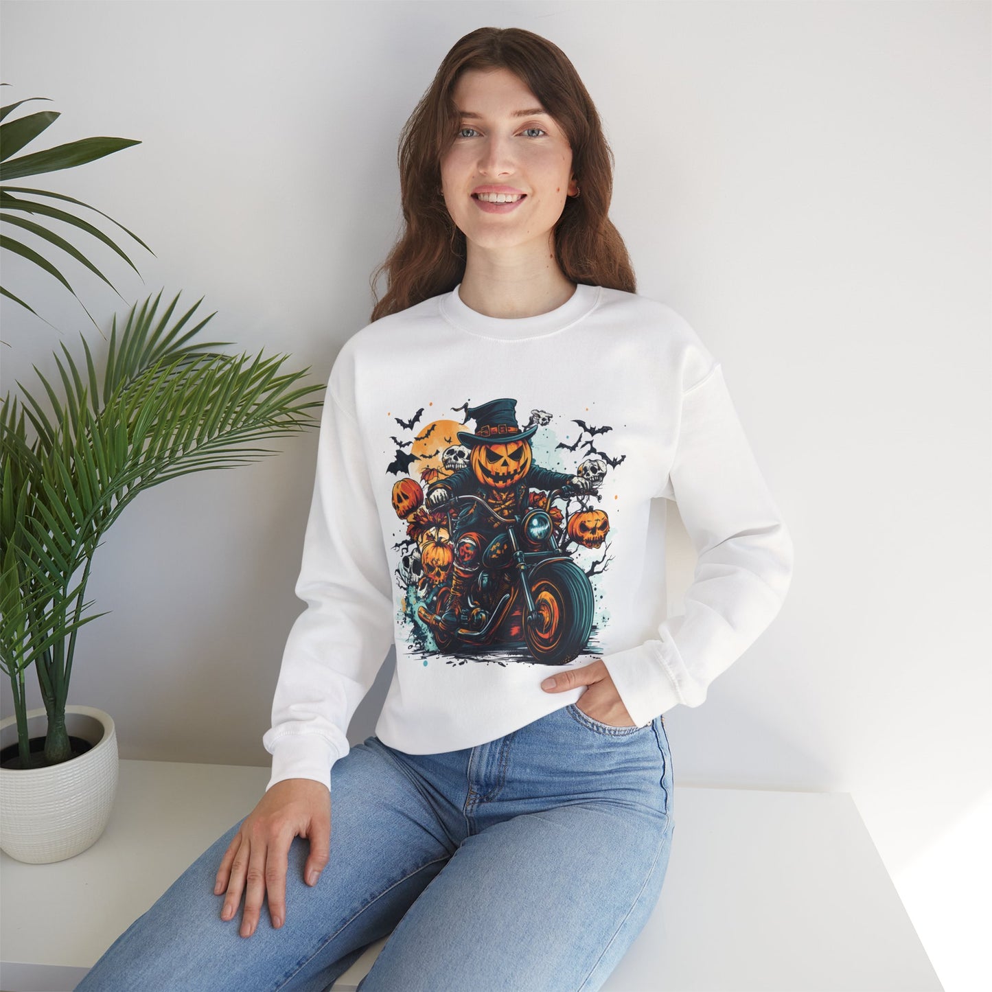 Halloween Motorcycle Sweatshirt – Spooky Pumpkin Crewneck Sweatshirt - Cozy Fall Biker Sweater Gift - Halloween Costume