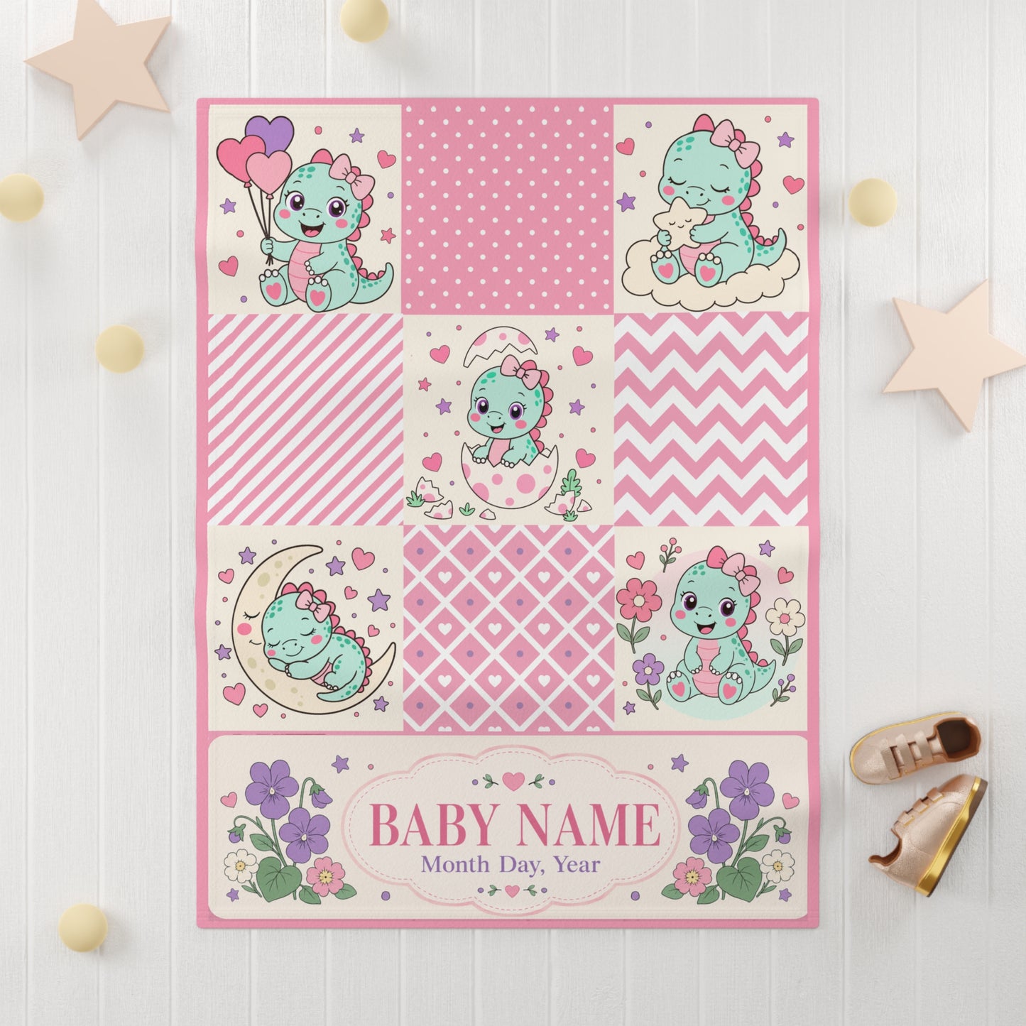 Personalized Dinosaur Baby Blanket Name Date Birth Flower