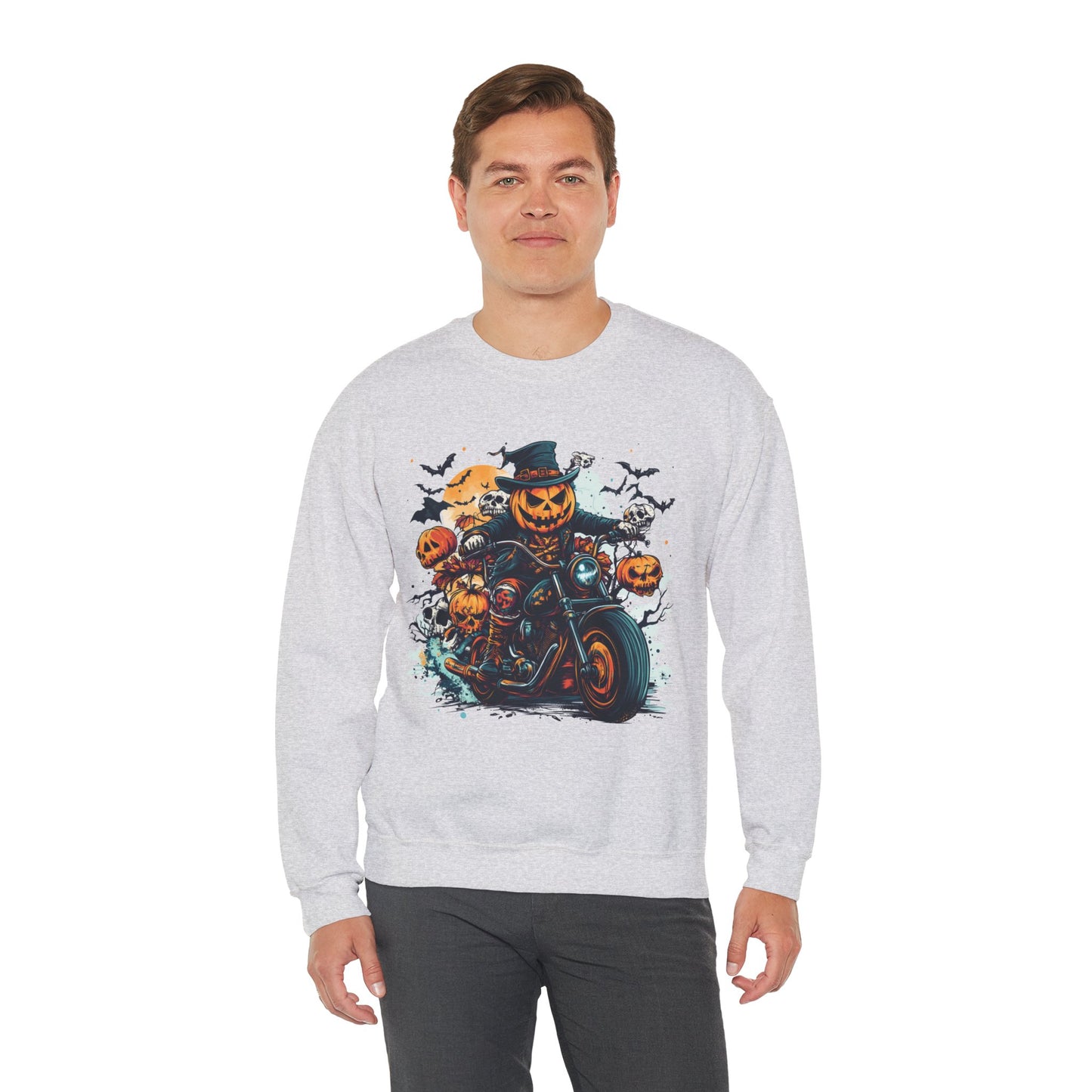 Halloween Motorcycle Sweatshirt – Spooky Pumpkin Crewneck Sweatshirt - Cozy Fall Biker Sweater Gift - Halloween Costume