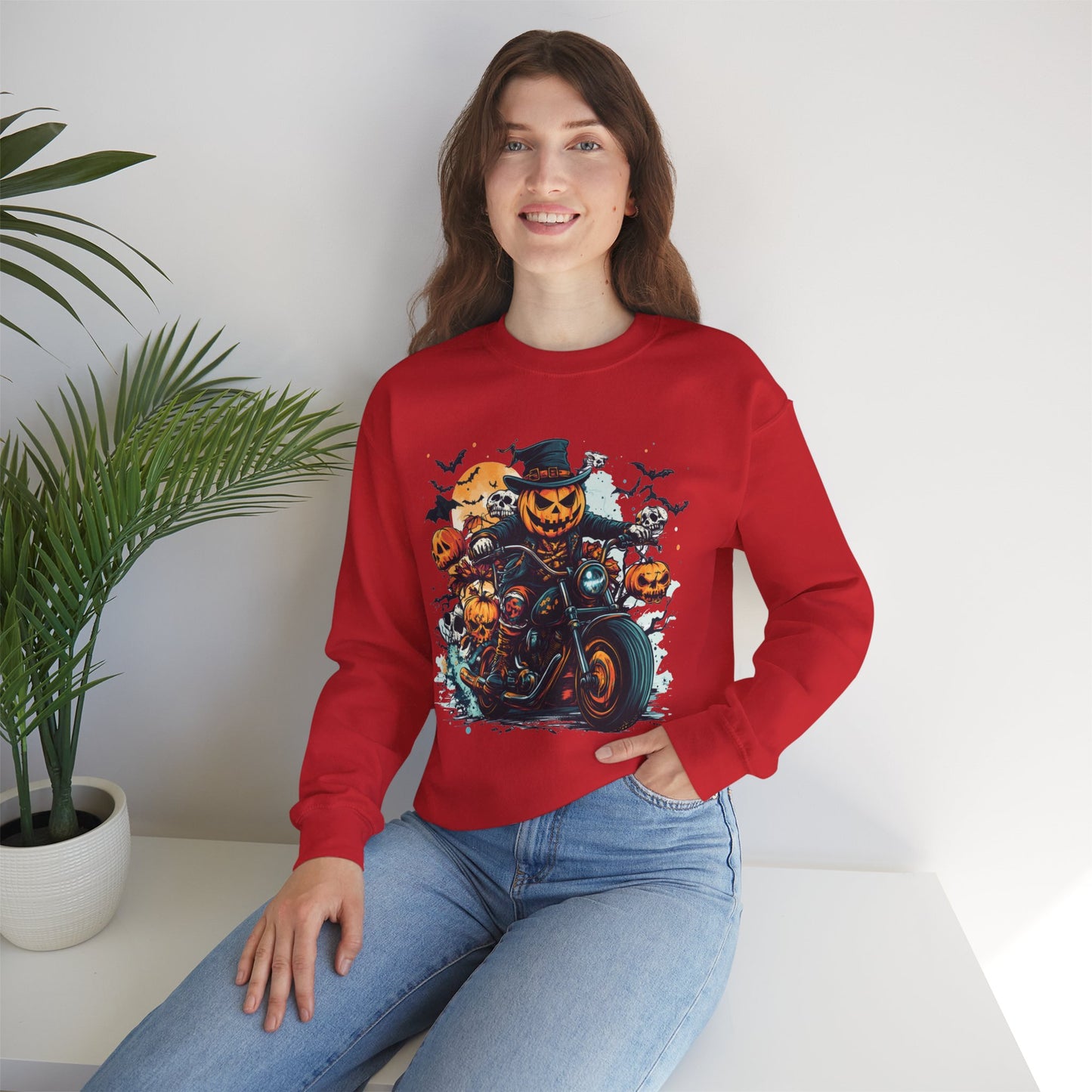 Halloween Motorcycle Sweatshirt – Spooky Pumpkin Crewneck Sweatshirt - Cozy Fall Biker Sweater Gift - Halloween Costume