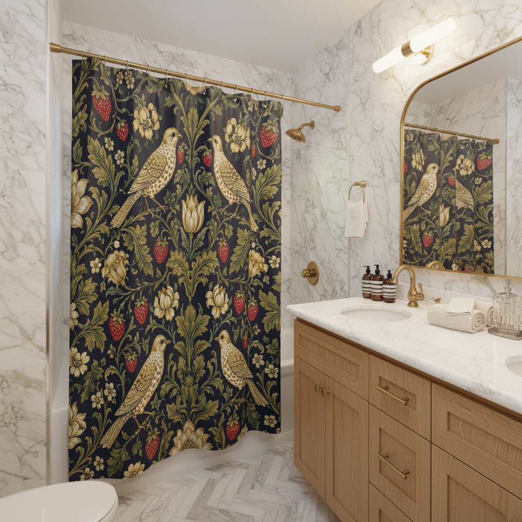 A bathroom scene showing a shower curtain with a detailed botanical and bird pattern, hung in a modern white and blue bathroom with a marble countertop and mirror reflecting the curtain.