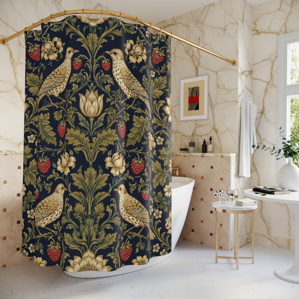 A fabric shower curtain with a detailed William Morris-style floral and bird pattern, hanging in a bright, modern white bathroom.