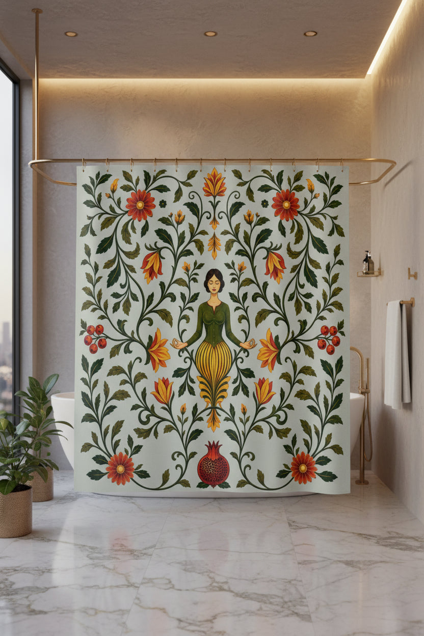 A fabric shower curtain featuring a vintage botanical illustration with a central female figure, surrounded by red flowers, green leaves, and vines on a pale sage background. The curtain is shown hanging from silver rings on a white rod, with small silver feet visible at the bottom.