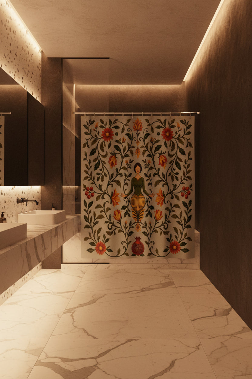 A fabric shower curtain featuring a vintage botanical illustration with a central female figure, surrounded by red flowers, green leaves, and vines on a pale sage background. The curtain is shown hanging from silver rings on a white rod, with small silver feet visible at the bottom.