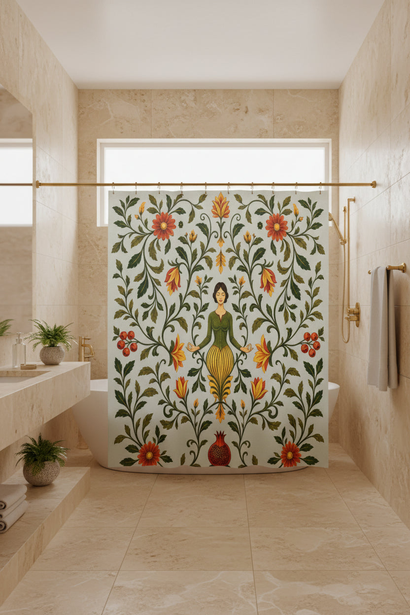 A fabric shower curtain featuring a vintage botanical illustration with a central female figure, surrounded by red flowers, green leaves, and vines on a pale sage background. The curtain is shown hanging from silver rings on a white rod, with small silver feet visible at the bottom.