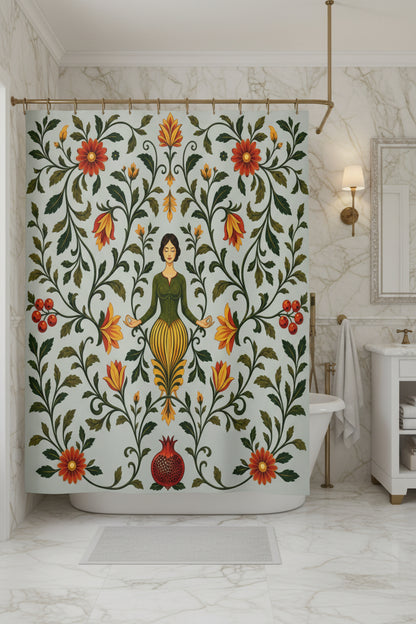 A fabric shower curtain featuring a vintage botanical illustration with a central female figure, surrounded by red flowers, green leaves, and vines on a pale sage background. The curtain is shown hanging from silver rings on a white rod, with small silver feet visible at the bottom.