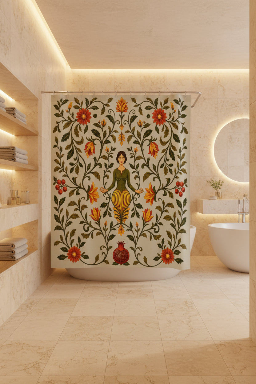 A fabric shower curtain featuring a vintage botanical illustration with a central female figure, surrounded by red flowers, green leaves, and vines on a pale sage background. The curtain is shown hanging from silver rings on a white rod, with small silver feet visible at the bottom.