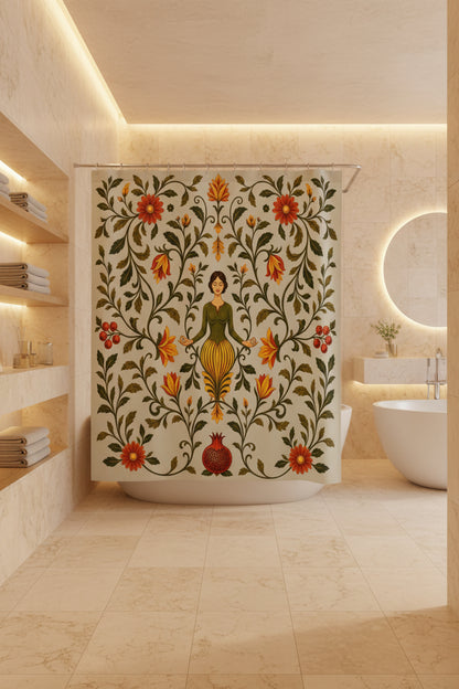 A fabric shower curtain featuring a vintage botanical illustration with a central female figure, surrounded by red flowers, green leaves, and vines on a pale sage background. The curtain is shown hanging from silver rings on a white rod, with small silver feet visible at the bottom.