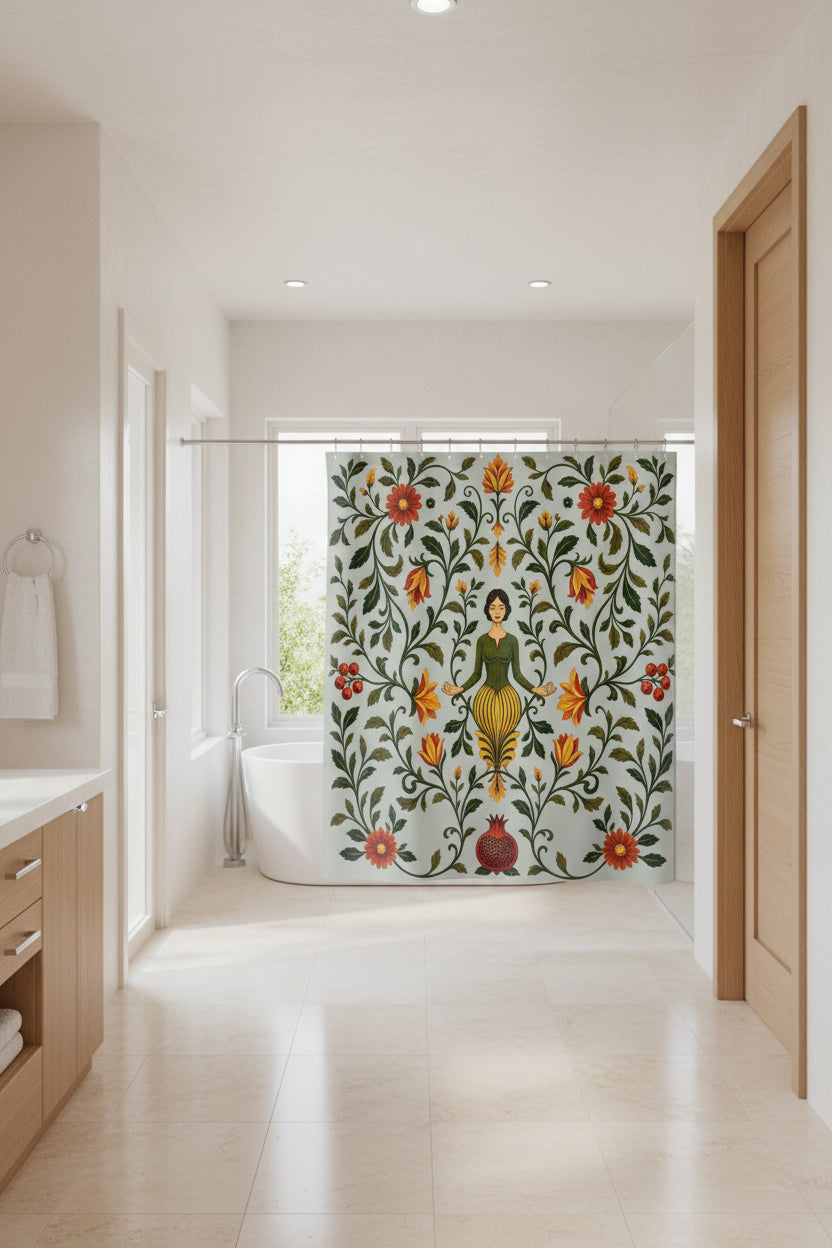 A fabric shower curtain featuring a vintage botanical illustration with a central female figure, surrounded by red flowers, green leaves, and vines on a pale sage background. The curtain is shown hanging from silver rings on a white rod, with small silver feet visible at the bottom.