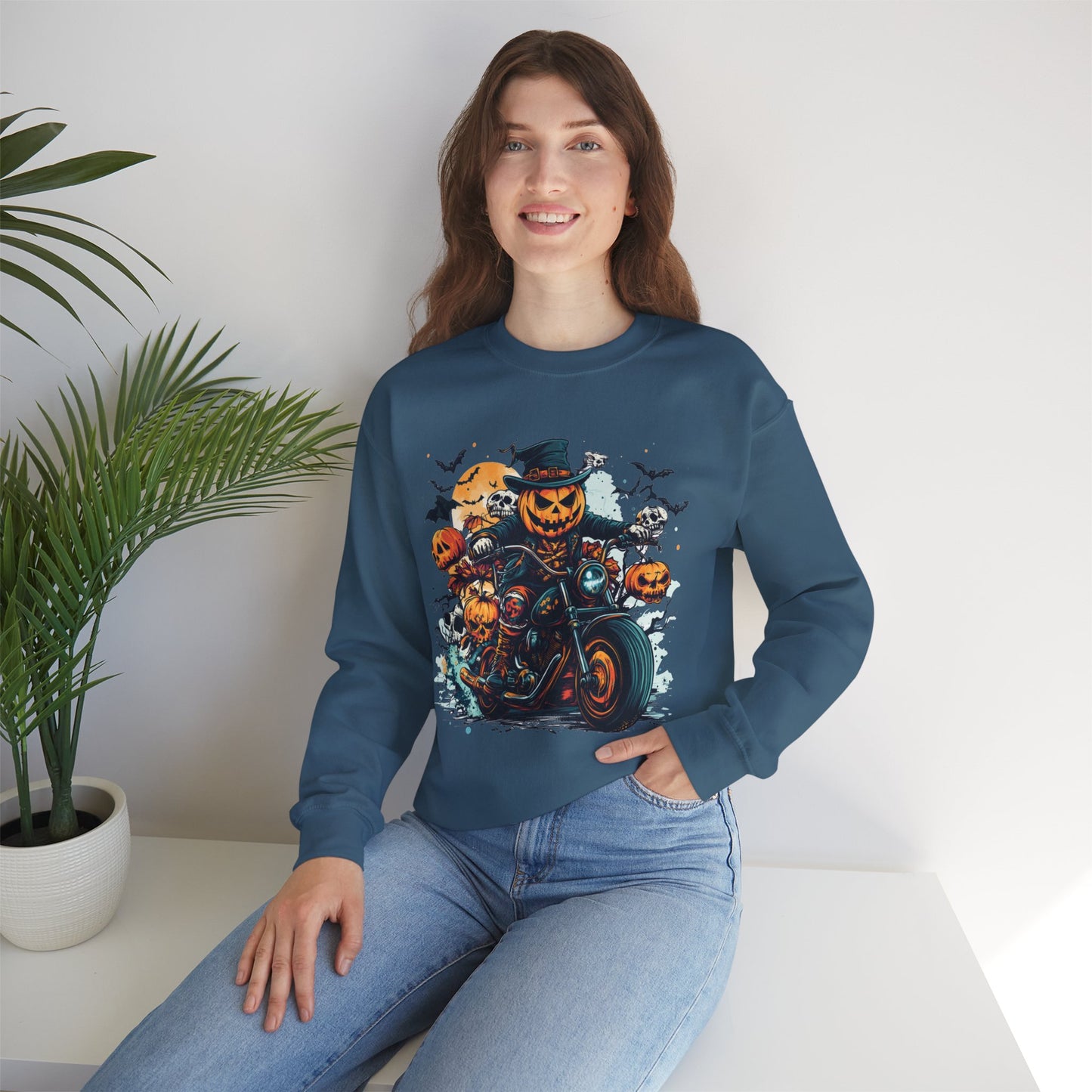 Halloween Motorcycle Sweatshirt – Spooky Pumpkin Crewneck Sweatshirt - Cozy Fall Biker Sweater Gift - Halloween Costume