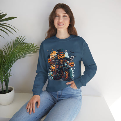 Halloween Motorcycle Sweatshirt – Spooky Pumpkin Crewneck Sweatshirt - Cozy Fall Biker Sweater Gift - Halloween Costume
