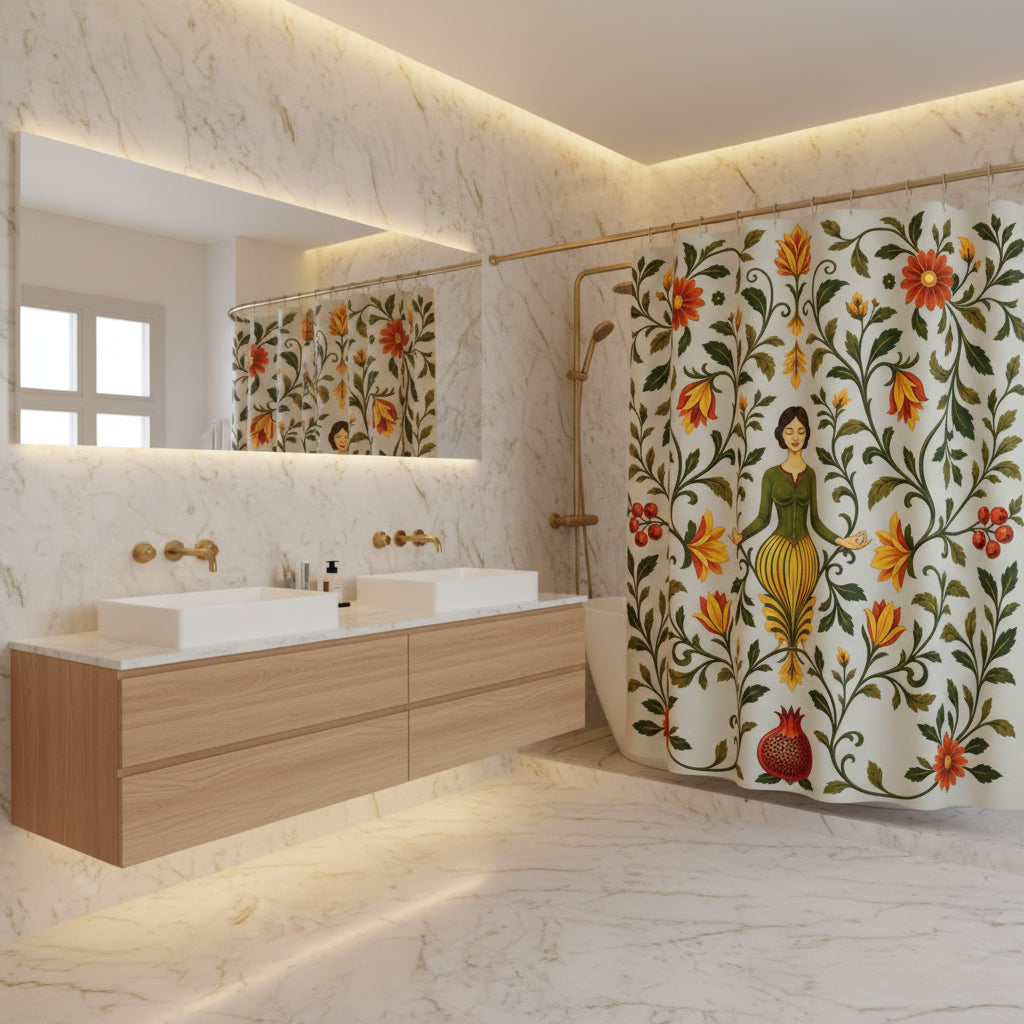 A floral shower curtain hanging in a bright white bathroom. The curtain features a central meditating woman surrounded by green vines, orange and red flowers, and a pomegranate at the bottom.