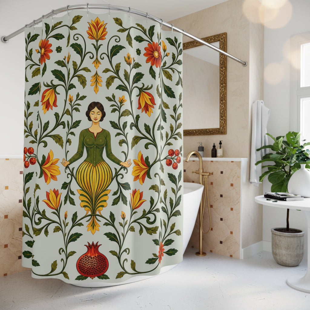 A floral shower curtain hanging in a bright white bathroom. The curtain features a central meditating woman surrounded by green vines, orange and red flowers, and a pomegranate at the bottom.
