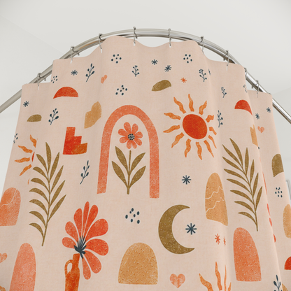 Floral Shower Curtain, Dusty Pink Terracotta Botanical Bath Decor, Modern Earthy Boho Chic Bath Curtain, Vintage Celestial Neutral Gift