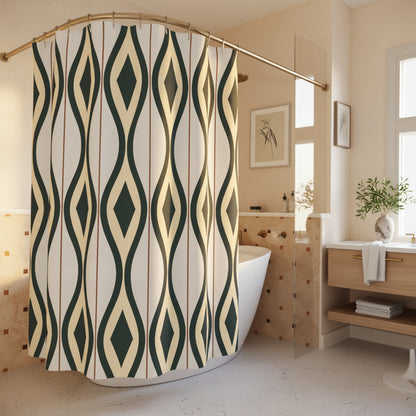 A modern shower curtain with a geometric diamond and wavy stripe pattern in dark green, cream, and thin rust-red lines, hanging in a bright white bathroom.
