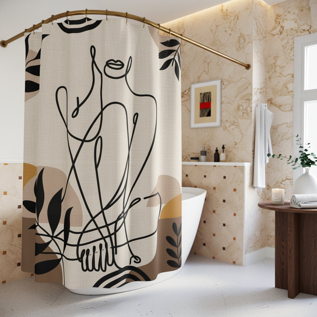 A beige shower curtain with a minimalist black line art design of a seated figure and abstract leaf motifs, hanging in a bright, modern white bathroom.