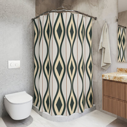 Shower curtain with geometric pattern in a bathroom setting