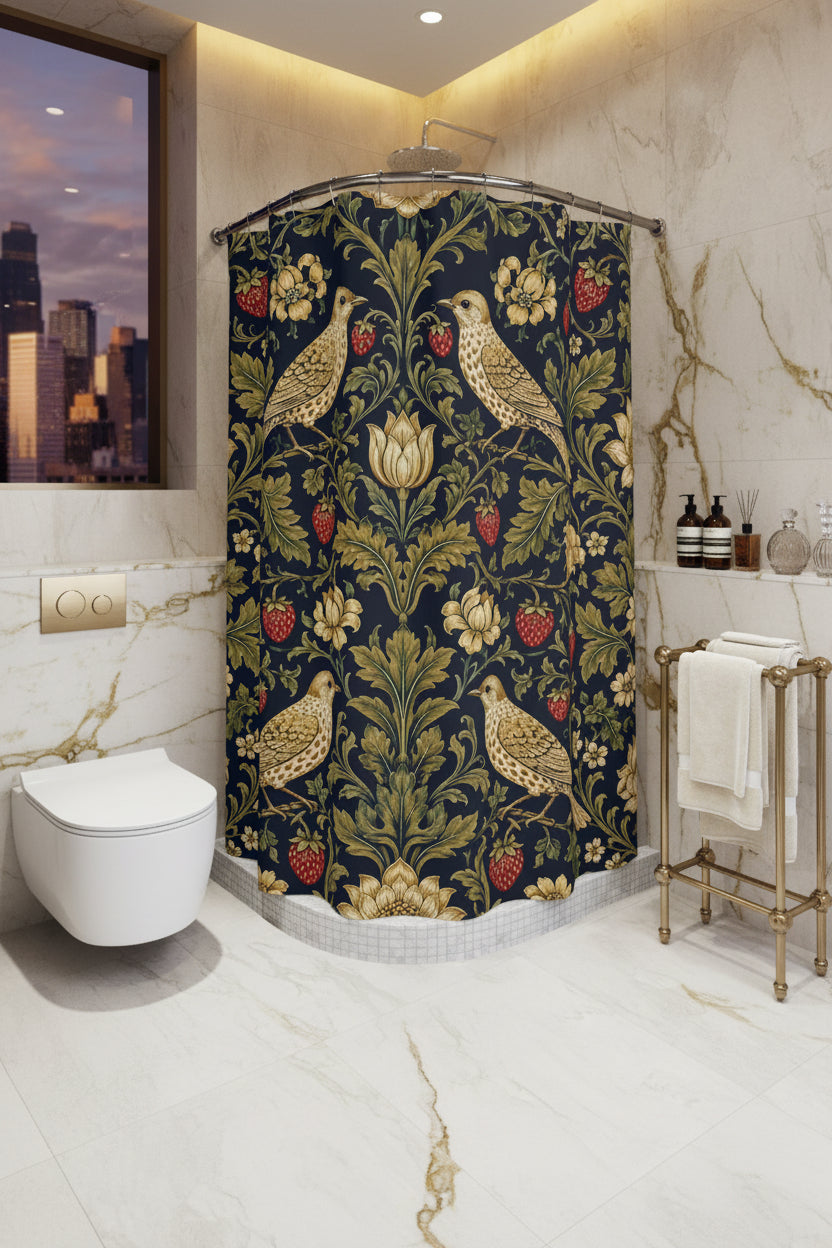 Bathroom with a floral-patterned shower curtain and a white toilet.