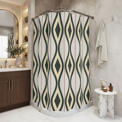 Shower curtain with geometric pattern in a bathroom setting