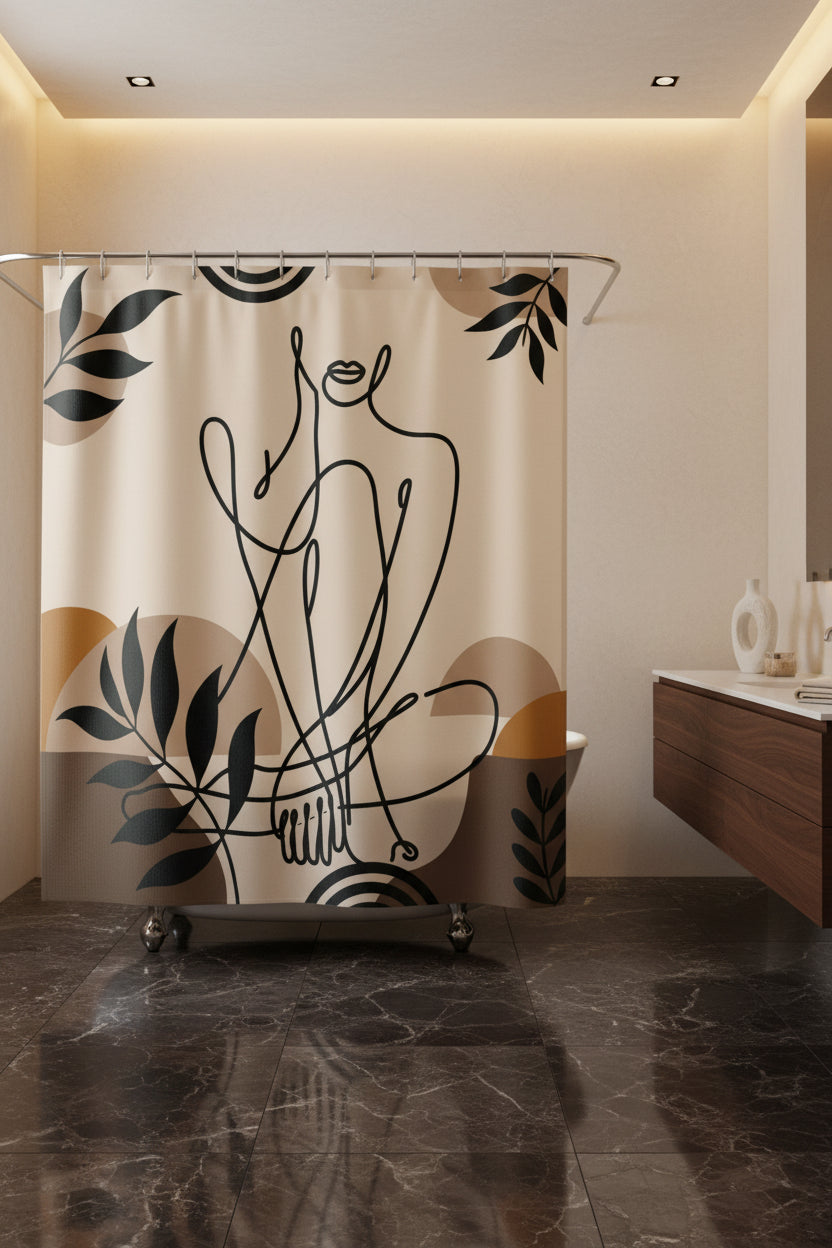 A shower curtain featuring a minimalist black line art illustration of a seated figure, surrounded by abstract organic shapes and leafy motifs in beige, brown, and mustard tones. The curtain is shown hanging from silver rings on a white rod, with a white bathtub partially visible underneath.