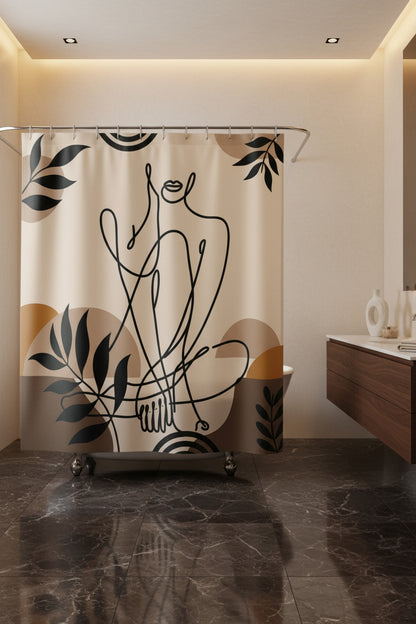 A shower curtain featuring a minimalist black line art illustration of a seated figure, surrounded by abstract organic shapes and leafy motifs in beige, brown, and mustard tones. The curtain is shown hanging from silver rings on a white rod, with a white bathtub partially visible underneath.