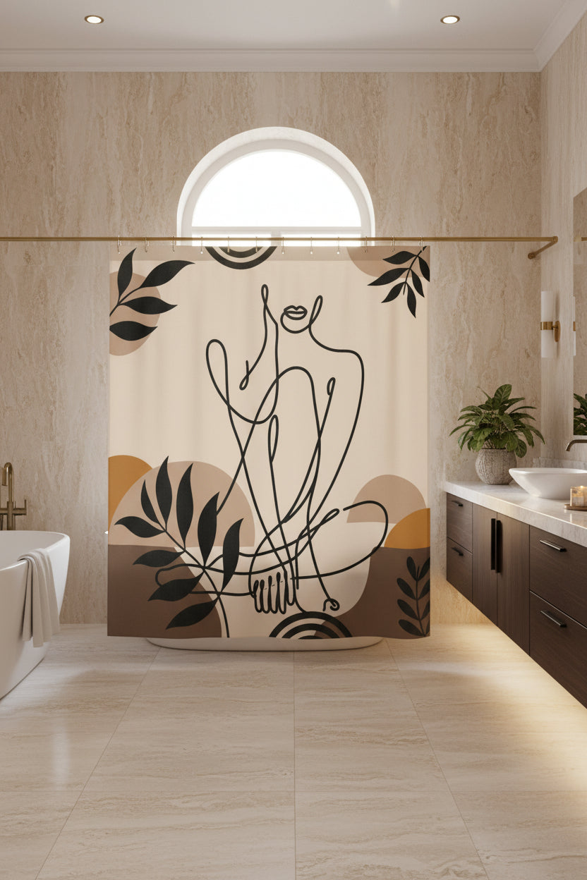 A shower curtain featuring a minimalist black line art illustration of a seated figure, surrounded by abstract organic shapes and leafy motifs in beige, brown, and mustard tones. The curtain is shown hanging from silver rings on a white rod, with a white bathtub partially visible underneath.
