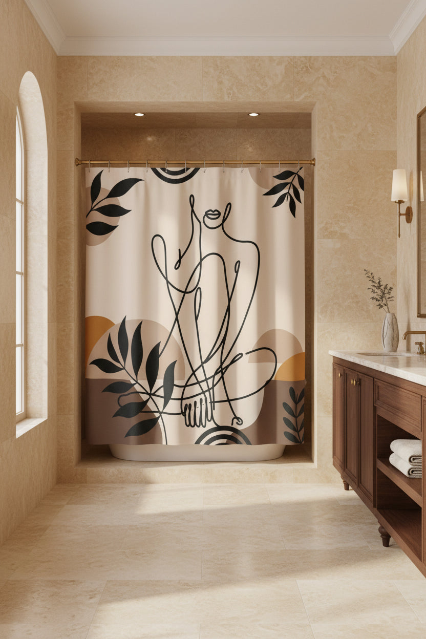 A shower curtain featuring a minimalist black line art illustration of a seated figure, surrounded by abstract organic shapes and leafy motifs in beige, brown, and mustard tones. The curtain is shown hanging from silver rings on a white rod, with a white bathtub partially visible underneath.