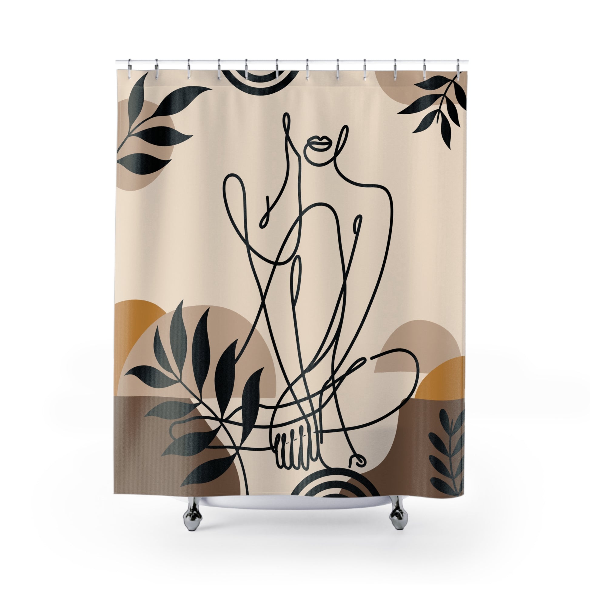 A shower curtain featuring a minimalist black line art illustration of a seated figure, surrounded by abstract organic shapes and leafy motifs in beige, brown, and mustard tones. The curtain is shown hanging from silver rings on a white rod, with a white bathtub partially visible underneath.