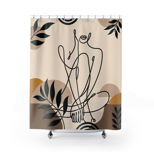 A shower curtain featuring a minimalist black line art illustration of a seated figure, surrounded by abstract organic shapes and leafy motifs in beige, brown, and mustard tones. The curtain is shown hanging from silver rings on a white rod, with a white bathtub partially visible underneath.