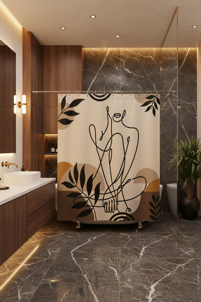 A shower curtain featuring a minimalist black line art illustration of a seated figure, surrounded by abstract organic shapes and leafy motifs in beige, brown, and mustard tones. The curtain is shown hanging from silver rings on a white rod, with a white bathtub partially visible underneath.