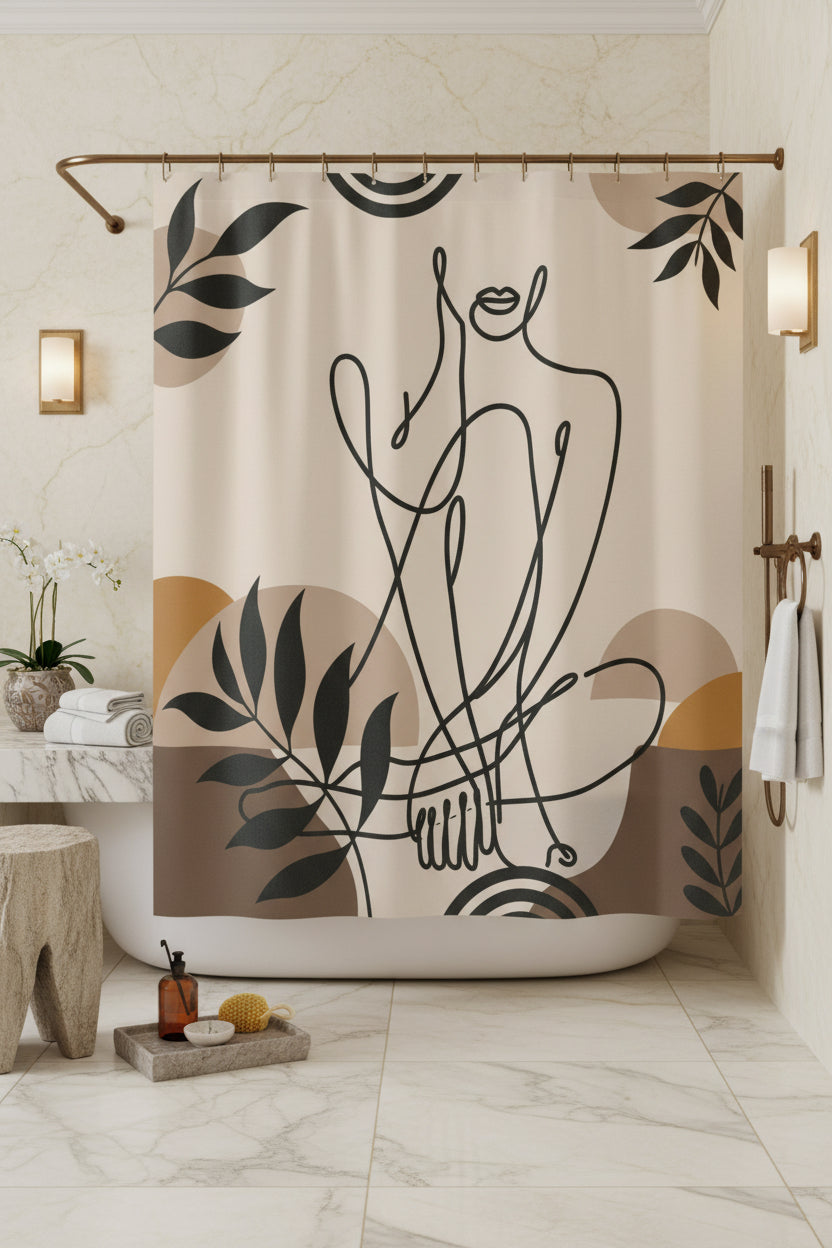 A shower curtain featuring a minimalist black line art illustration of a seated figure, surrounded by abstract organic shapes and leafy motifs in beige, brown, and mustard tones. The curtain is shown hanging from silver rings on a white rod, with a white bathtub partially visible underneath.